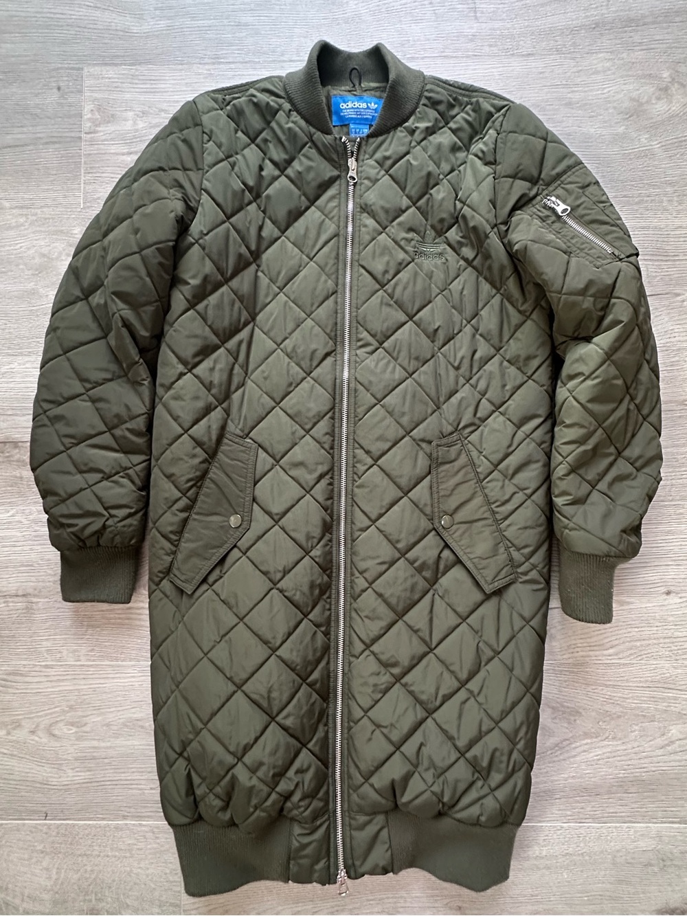 Adidas Originals Quilted Long Bomber Jacket Olive Green Size Small